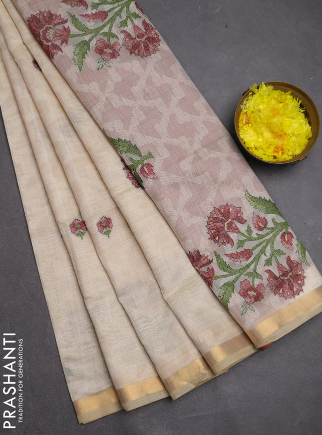 Jamdhani cotton saree cream and maroon with allover self emboss thread woven buttas and jamdhani pallu