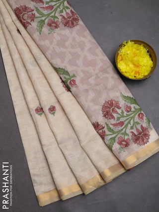 Jamdhani cotton saree cream and maroon with allover self emboss thread woven buttas and jamdhani pallu
