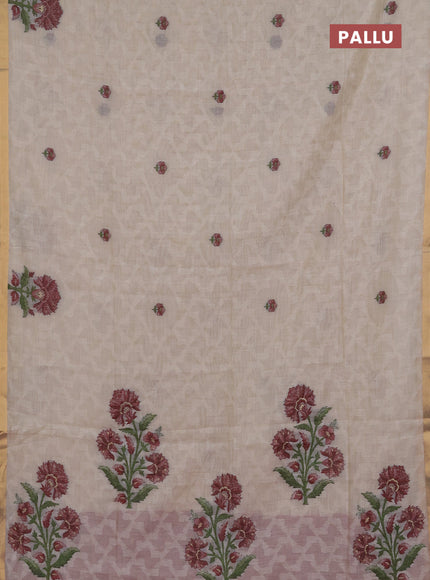 Jamdhani cotton saree cream and maroon with allover self emboss thread woven buttas and jamdhani pallu