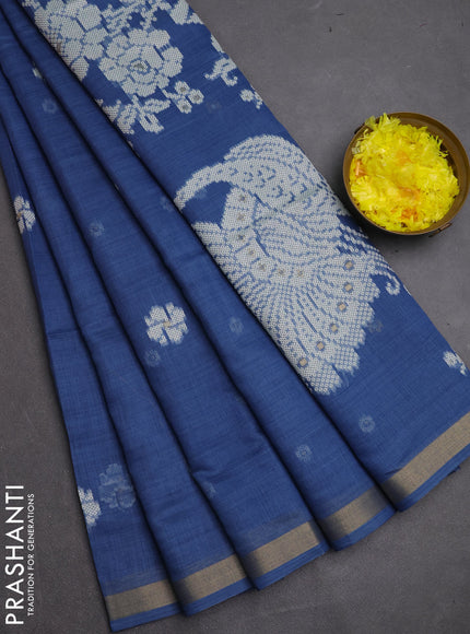 Jamdhani cotton saree blue with allover thread weaves and jamdhani pallu