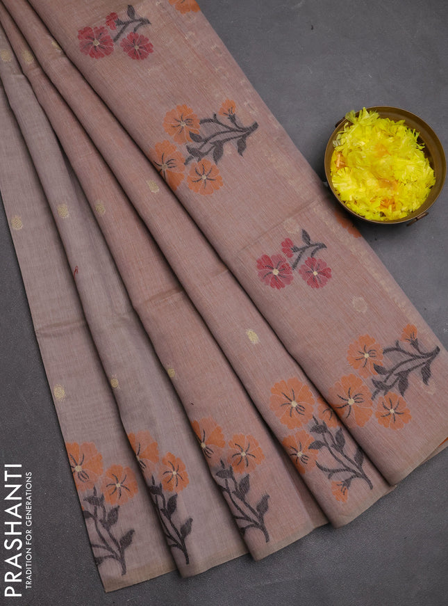 Jamdhani cotton saree beige and dark mustard with allover thread & zari woven buttas and jamdhani pallu