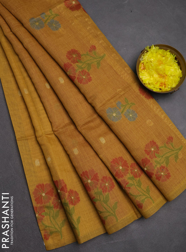 Jamdhani cotton saree mustard yellow and maroon with allover thread & zari woven buttas and jamdhani pallu