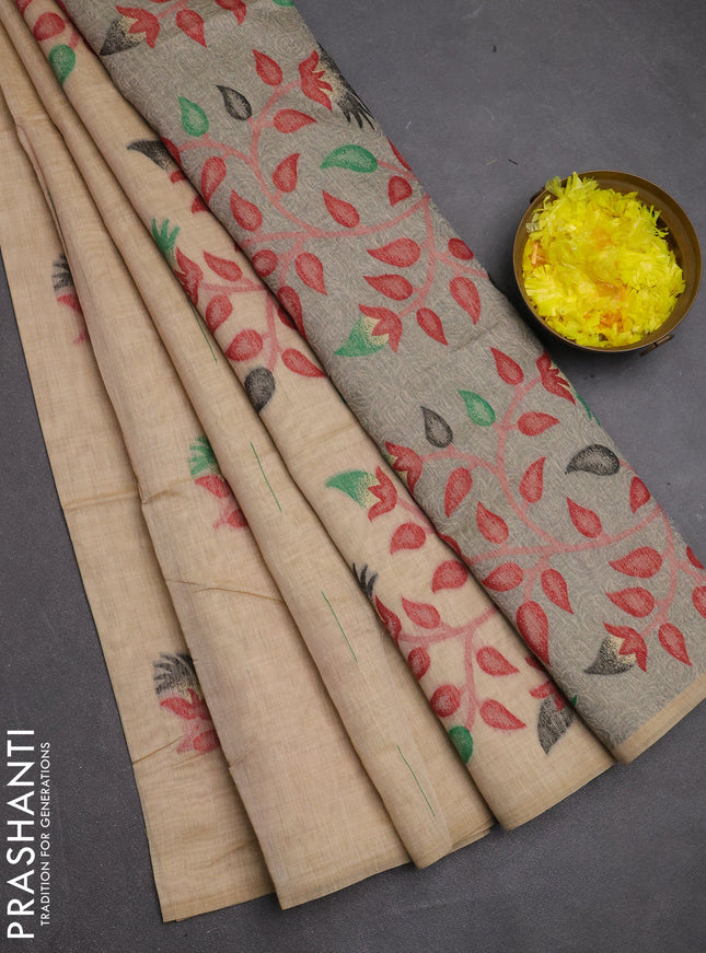 Jamdhani cotton saree beige and green with allover thread & zari woven buttas and jamdhani pallu