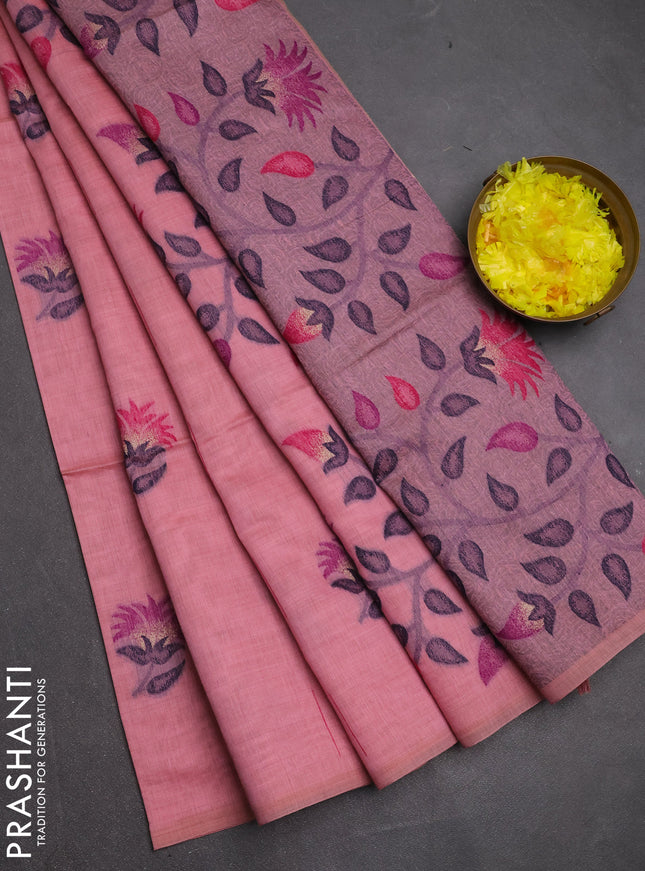 Jamdhani cotton saree peach pink and pink with allover thread & zari woven buttas and jamdhani pallu