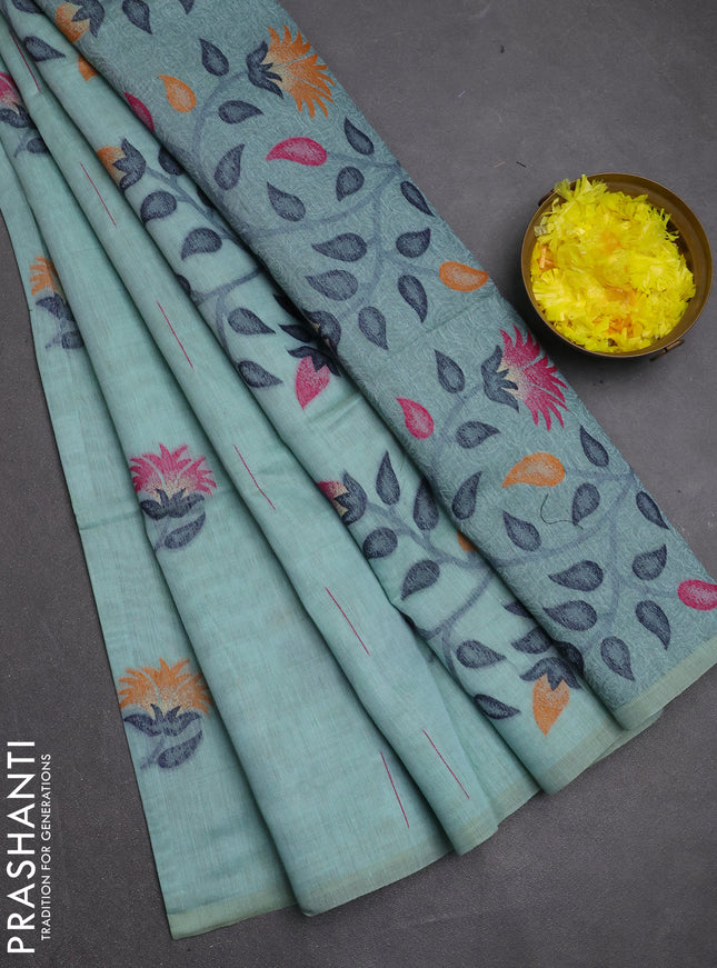 Jamdhani cotton saree teal shade and pink with allover thread & zari woven buttas and jamdhani pallu