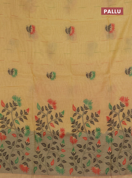 Jamdhani cotton saree pale yellow and red with allover thread & zari woven buttas and jamdhani pallu