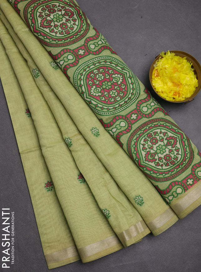 Jamdhani cotton saree pista green with allover thread woven buttas and jamdhani pallu