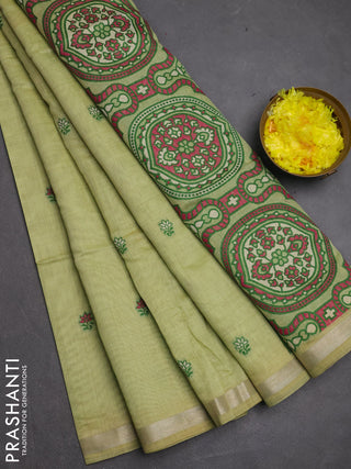Jamdhani cotton saree pista green with allover thread woven buttas and jamdhani pallu