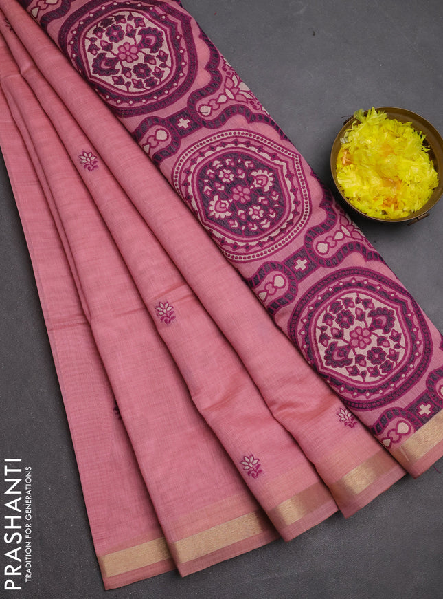 Jamdhani cotton saree peach pink with allover thread woven buttas and jamdhani pallu