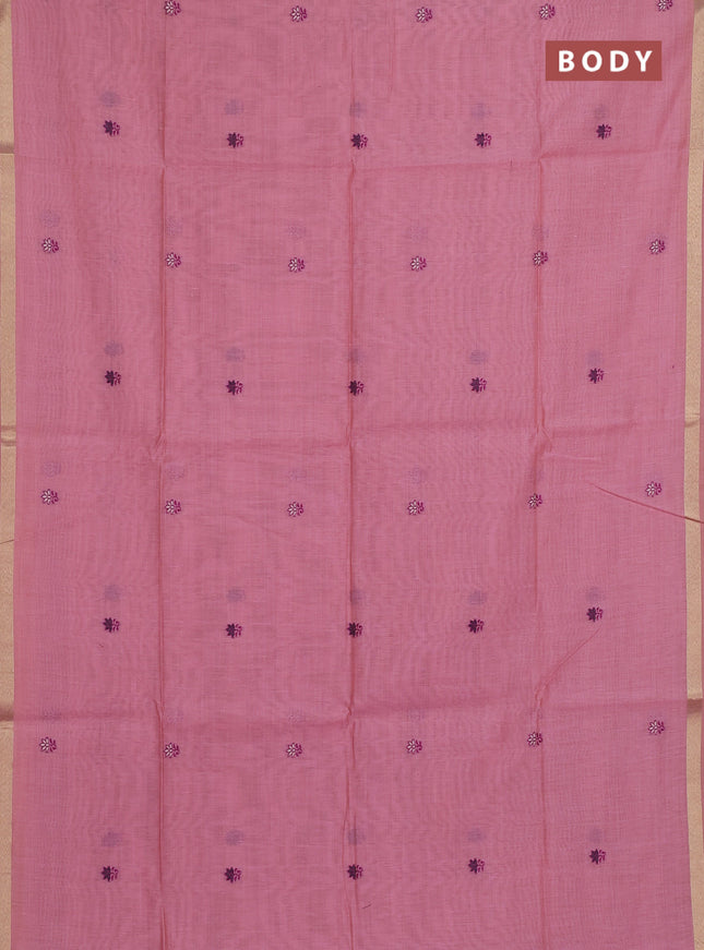 Jamdhani cotton saree peach pink with allover thread woven buttas and jamdhani pallu