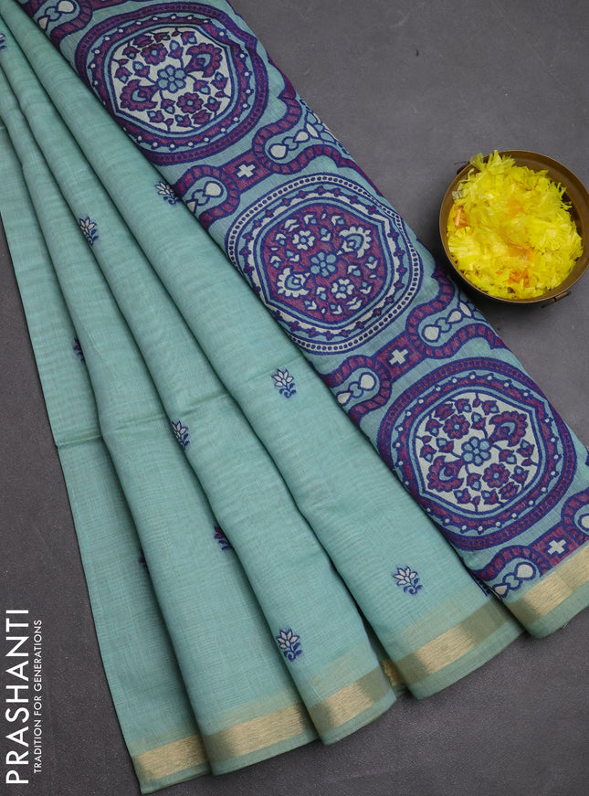 Jamdhani cotton saree teal blue with allover thread woven buttas and jamdhani pallu