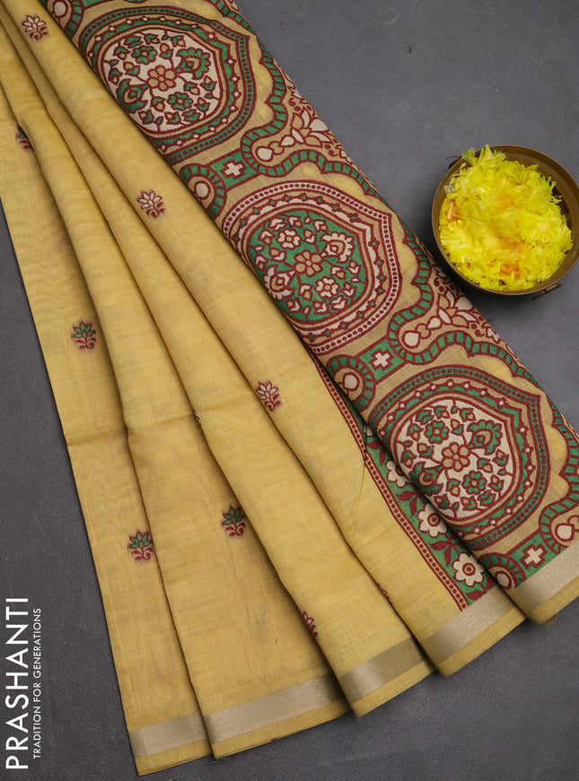 Jamdhani cotton saree pale yellow shade with allover thread woven buttas and jamdhani pallu