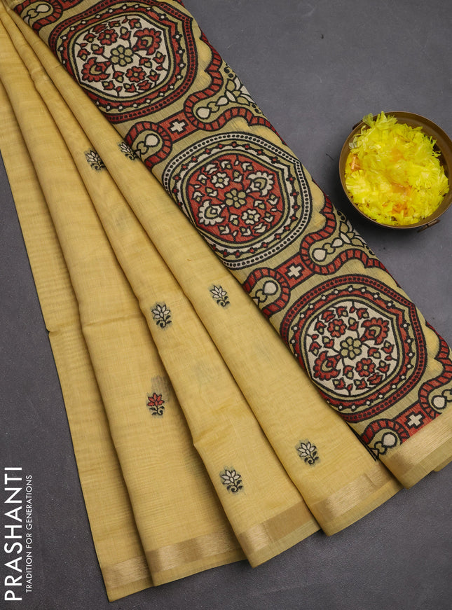 Jamdhani cotton saree pale yellow with allover thread woven buttas and jamdhani pallu