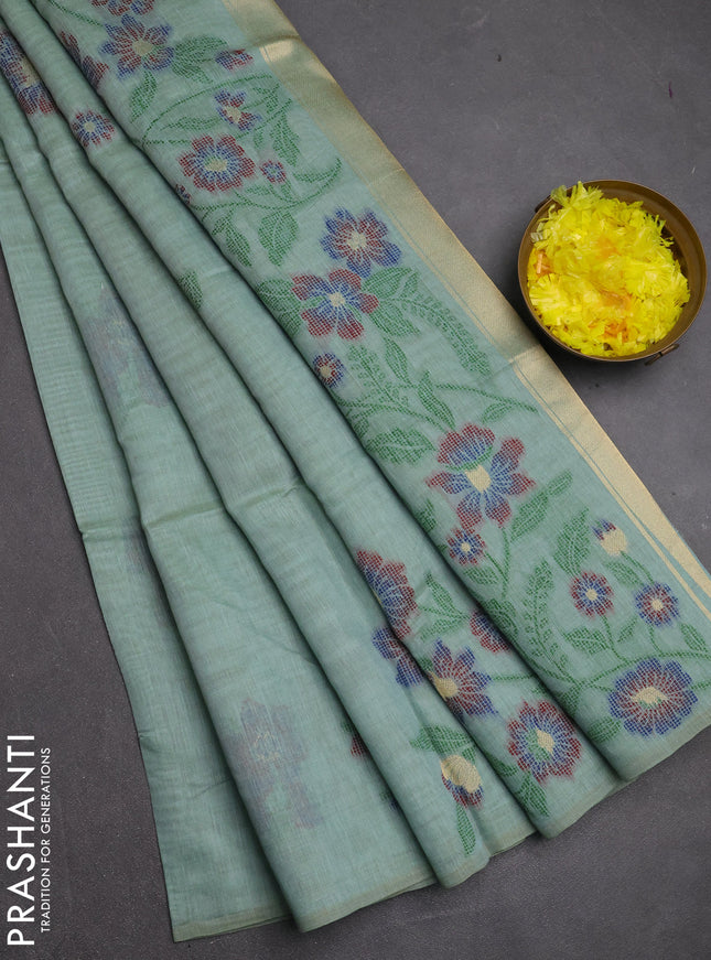 Jamdhani cotton saree teal green shade and maroon with allover thread woven buttas and jamdhani pallu