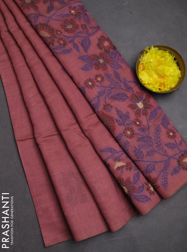 Jamdhani cotton saree dark peach with allover thread woven buttas and jamdhani pallu