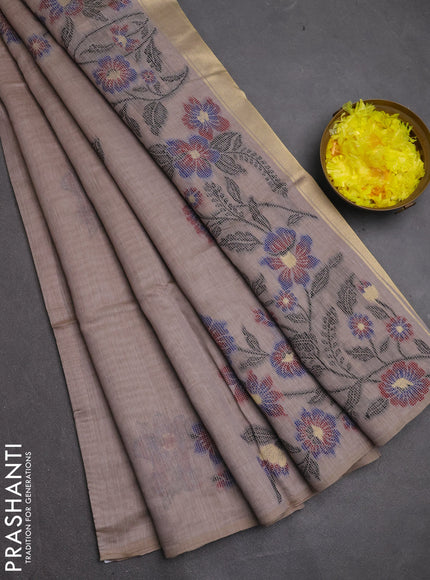 Jamdhani cotton saree dark beige and navy blue with allover thread woven buttas and jamdhani pallu