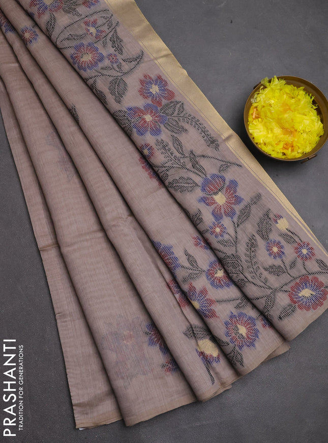 Jamdhani cotton saree dark beige and navy blue with allover thread woven buttas and jamdhani pallu
