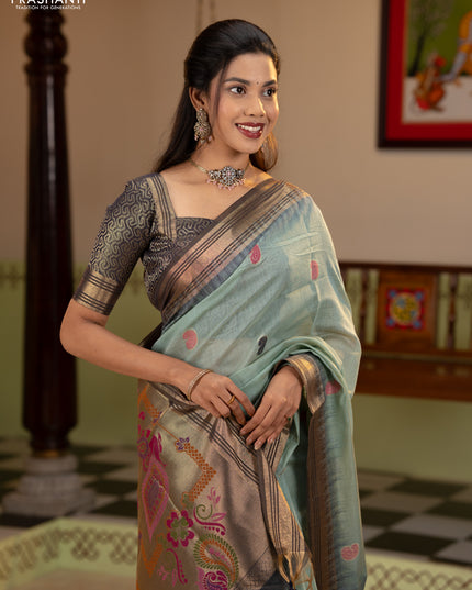 Jamdhani cotton saree pastel blue and navy blue with allover thread woven buttas and jamdhani pallu