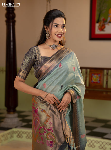 Jamdhani cotton saree pastel blue and navy blue with allover thread woven buttas and jamdhani pallu