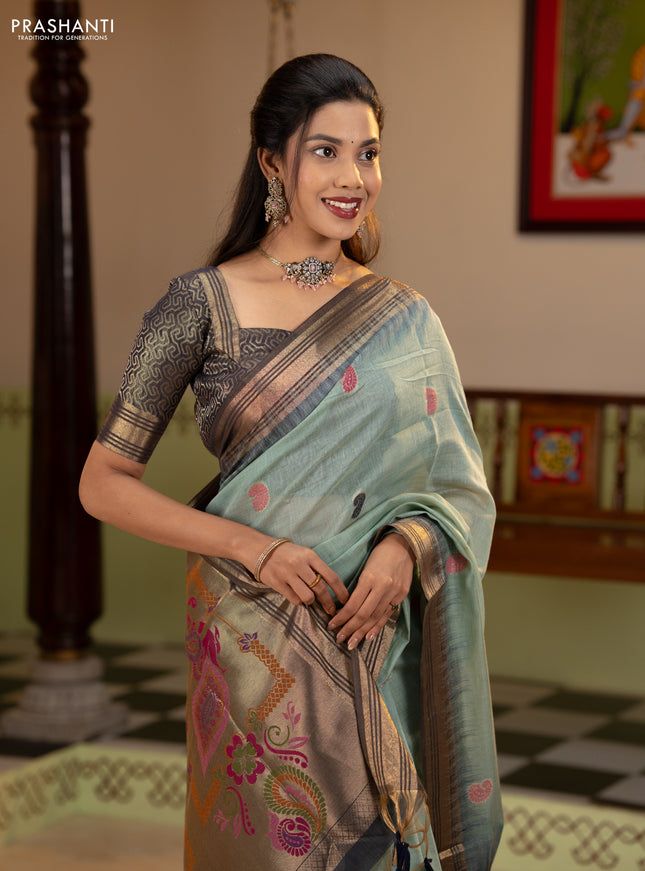Jamdhani cotton saree pastel blue and navy blue with allover thread woven buttas and jamdhani pallu