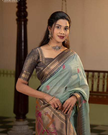 Jamdhani cotton saree pastel blue and navy blue with allover thread woven buttas and jamdhani pallu