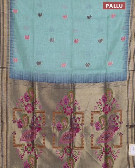 Jamdhani cotton saree pastel blue and navy blue with allover thread woven buttas and jamdhani pallu