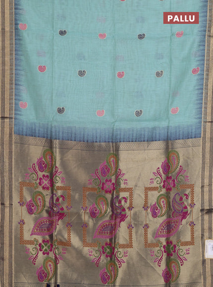 Jamdhani cotton saree pastel blue and navy blue with allover thread woven buttas and jamdhani pallu