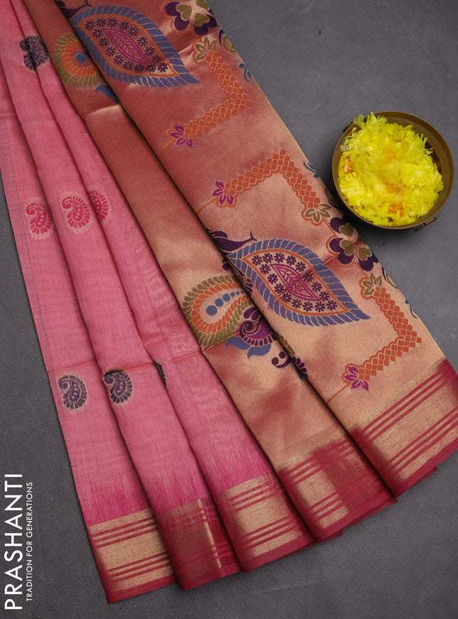 Jamdhani cotton saree peach pink and maroon with allover thread woven buttas and jamdhani pallu