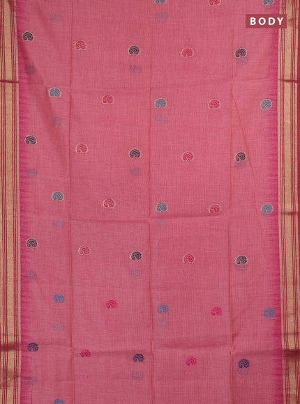 Jamdhani cotton saree peach pink and maroon with allover thread woven buttas and jamdhani pallu