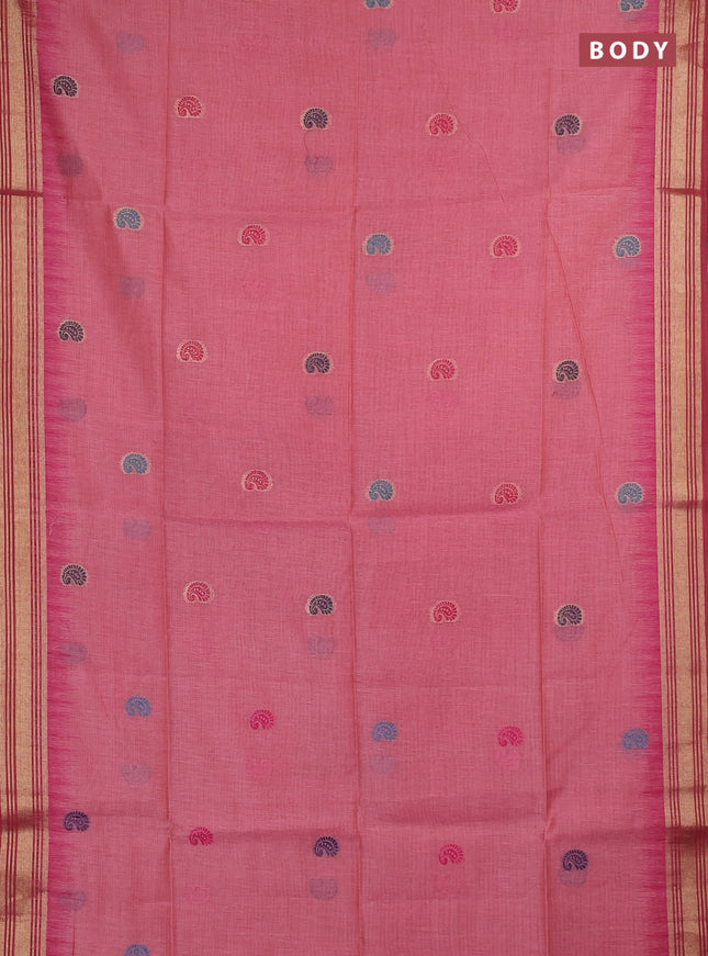 Jamdhani cotton saree peach pink and maroon with allover thread woven buttas and jamdhani pallu