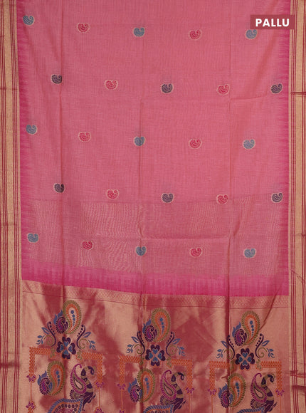 Jamdhani cotton saree peach pink and maroon with allover thread woven buttas and jamdhani pallu