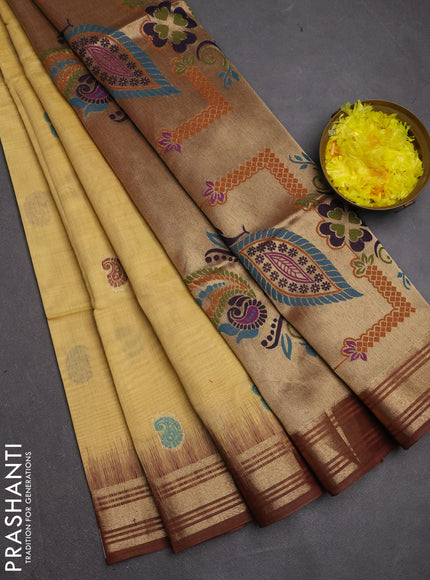 Jamdhani cotton saree pale yellow and maroon with allover thread woven buttas and jamdhani pallu