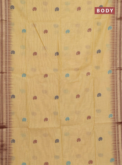 Jamdhani cotton saree pale yellow and maroon with allover thread woven buttas and jamdhani pallu
