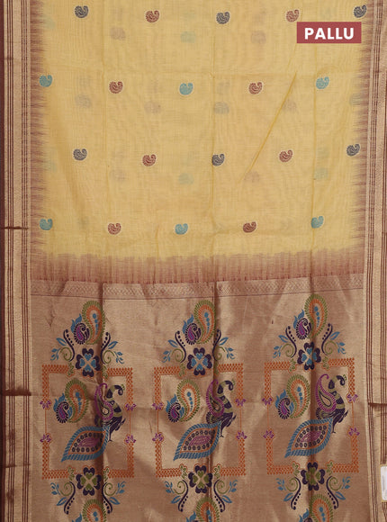 Jamdhani cotton saree pale yellow and maroon with allover thread woven buttas and jamdhani pallu