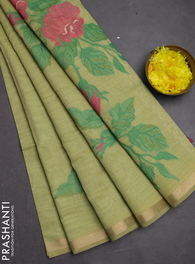 Jamdhani cotton saree pista green and pink with allover thread woven buttas and jamdhani pallu