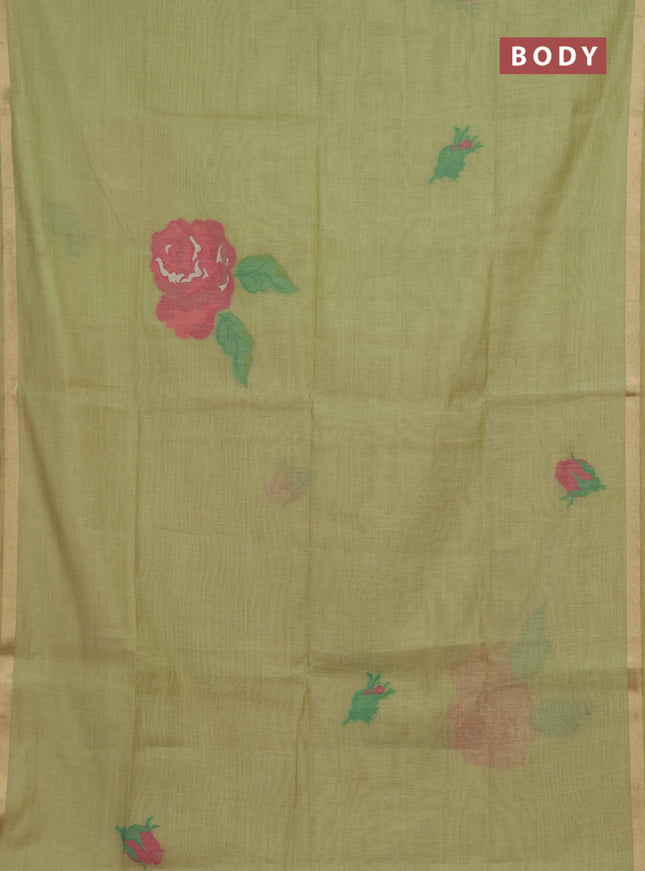 Jamdhani cotton saree pista green and pink with allover thread woven buttas and jamdhani pallu