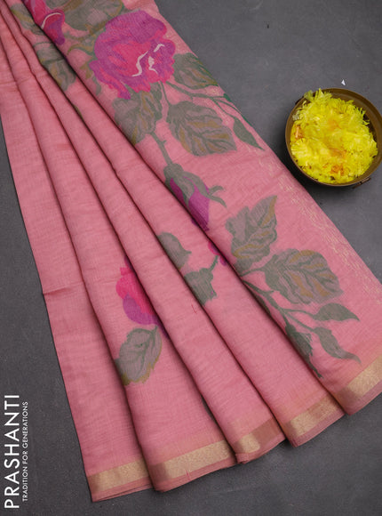 Jamdhani cotton saree peach pink and purple with allover thread woven buttas and jamdhani pallu