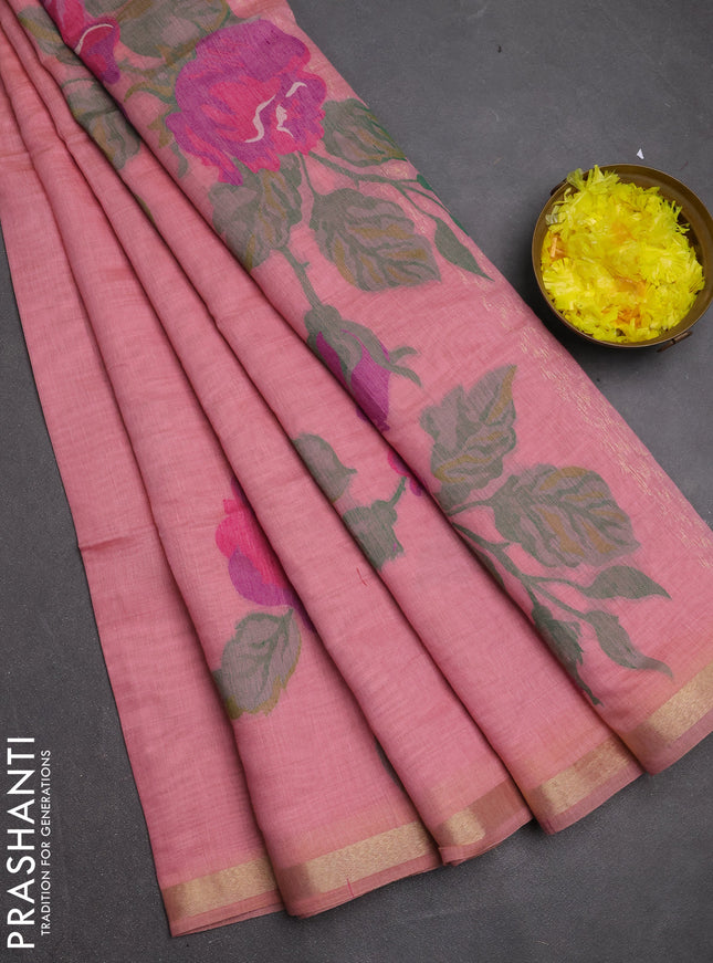 Jamdhani cotton saree peach pink and purple with allover thread woven buttas and jamdhani pallu