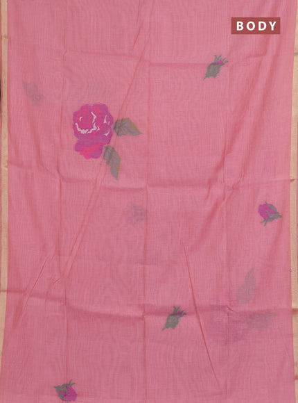 Jamdhani cotton saree peach pink and purple with allover thread woven buttas and jamdhani pallu