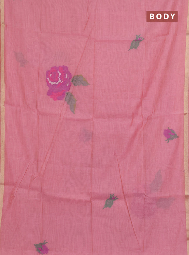 Jamdhani cotton saree peach pink and purple with allover thread woven buttas and jamdhani pallu