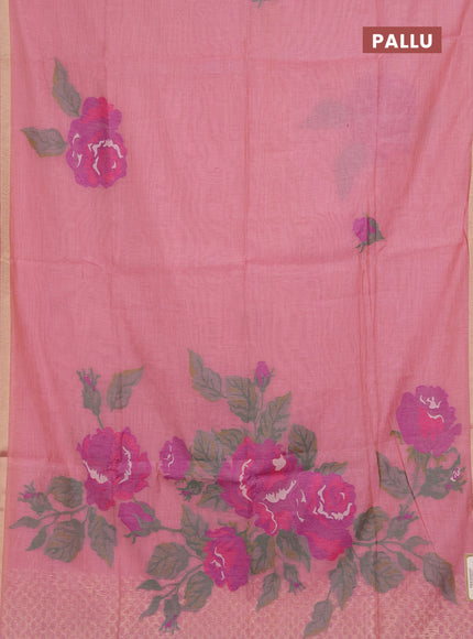 Jamdhani cotton saree peach pink and purple with allover thread woven buttas and jamdhani pallu