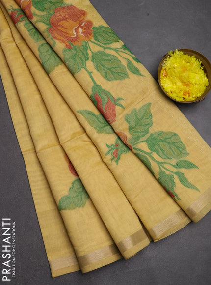 Jamdhani cotton saree pale yellow and maroon with allover thread woven buttas and jamdhani pallu