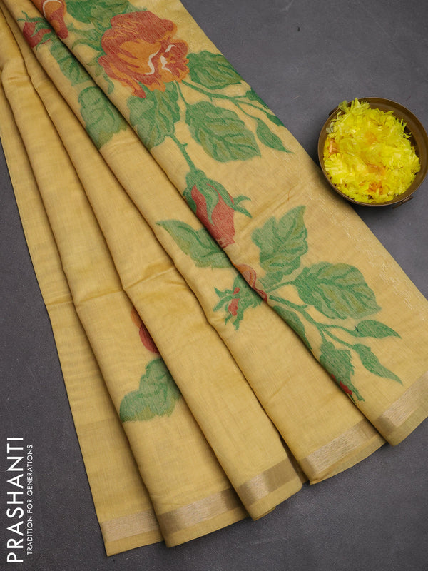 Jamdhani cotton saree pale yellow and maroon with allover thread woven buttas and jamdhani pallu