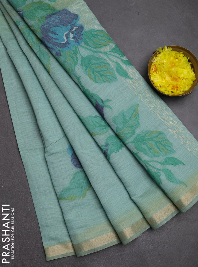 Jamdhani cotton saree teal green and navy blue with allover thread woven buttas and jamdhani pallu