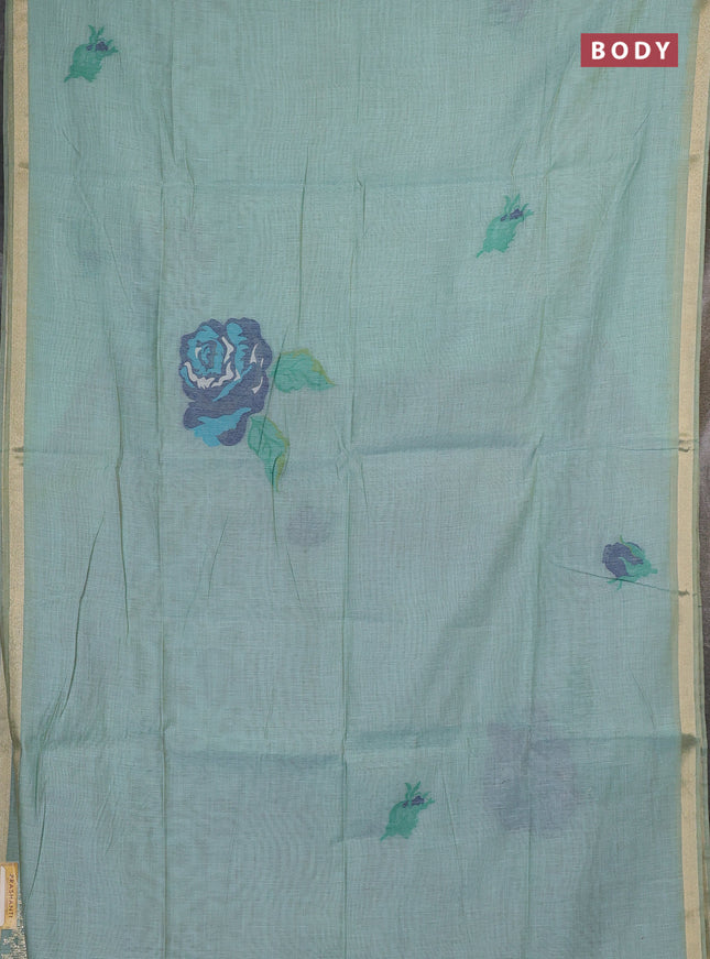 Jamdhani cotton saree teal green and navy blue with allover thread woven buttas and jamdhani pallu