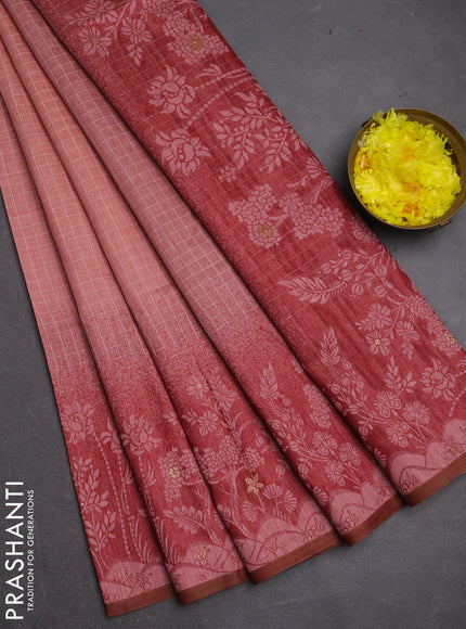 Jamdhani cotton saree peach shade and maroon with allover thread checked pattern and jamdhani pallu
