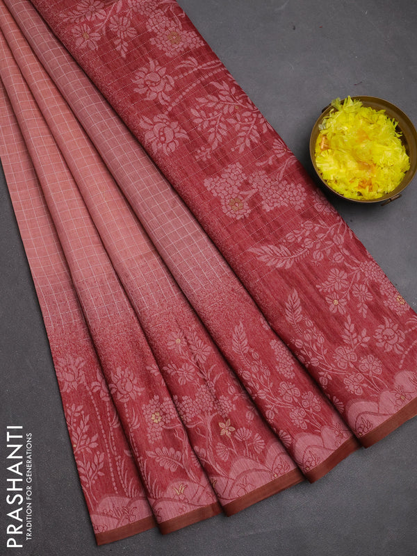 Jamdhani cotton saree peach shade and maroon with allover thread checked pattern and jamdhani pallu