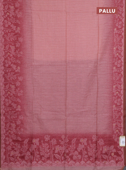 Jamdhani cotton saree peach shade and maroon with allover thread checked pattern and jamdhani pallu