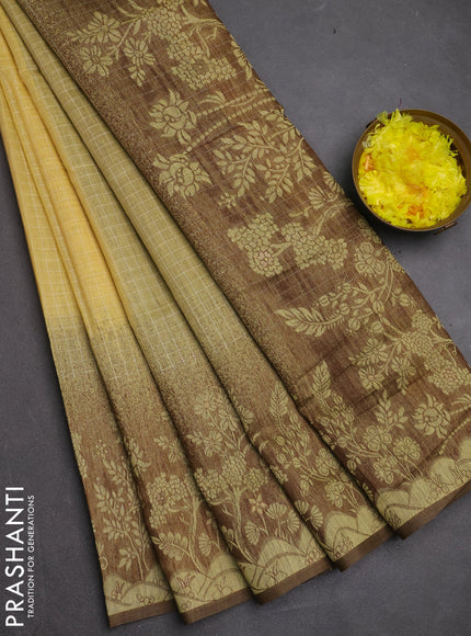Jamdhani cotton saree pale yellow and coffee brown with allover thread checked pattern and jamdhani pallu