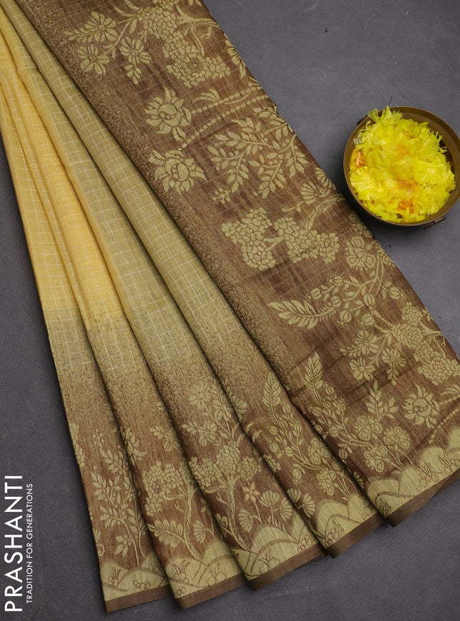 Jamdhani cotton saree pale yellow and coffee brown with allover thread checked pattern and jamdhani pallu